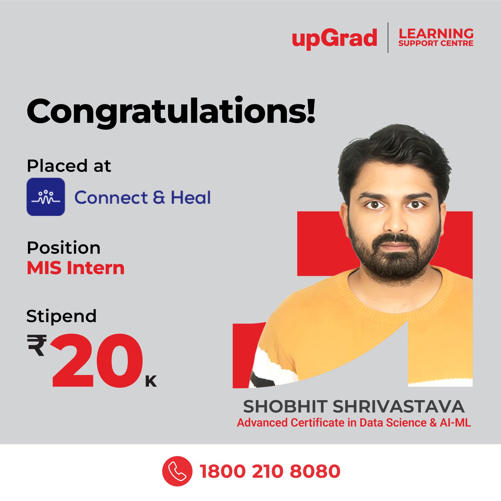 Shobhit Shrivastava placed at Connect & Heal as an MIS Intern with a stipend of 20K